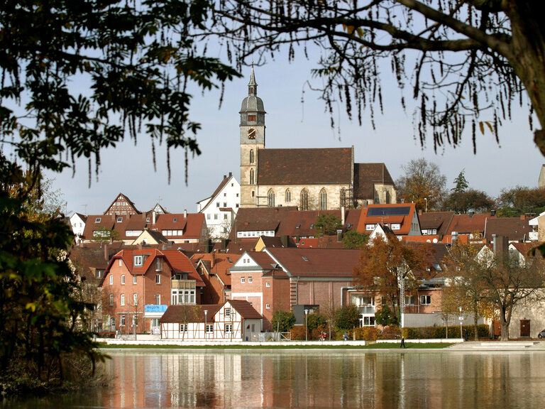 Ein ruhiges Gewässer mit Spiegelungen in der Nähe der Stadt Böblingen.